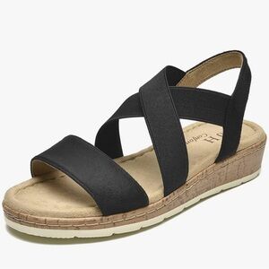 VJH Confort Black Elastic Cross-Strap Wedge Sandals
